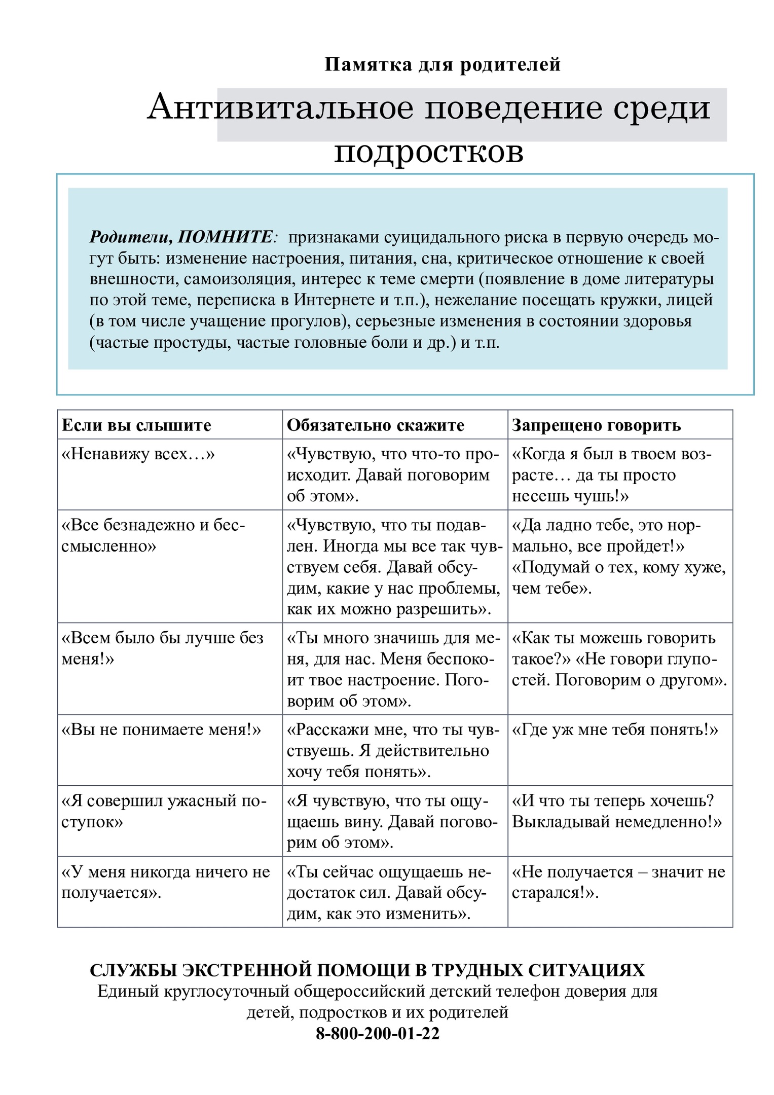 Pamatka dla roditelej  Antivitalnoe povedenie